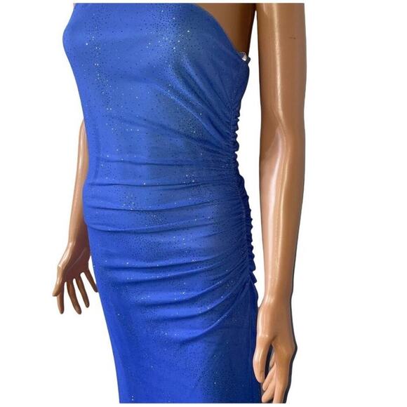 Vintage Kristopher maxi body con dress one shoulder ruched Sky blue stretch SZ M - Picture 4 of 9